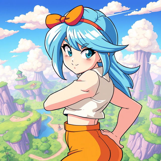 A dynamic and vibrant anime-style illustration of a character inspired by Bulma from Dragon Ball, striking a confident pose with a mischievous smile