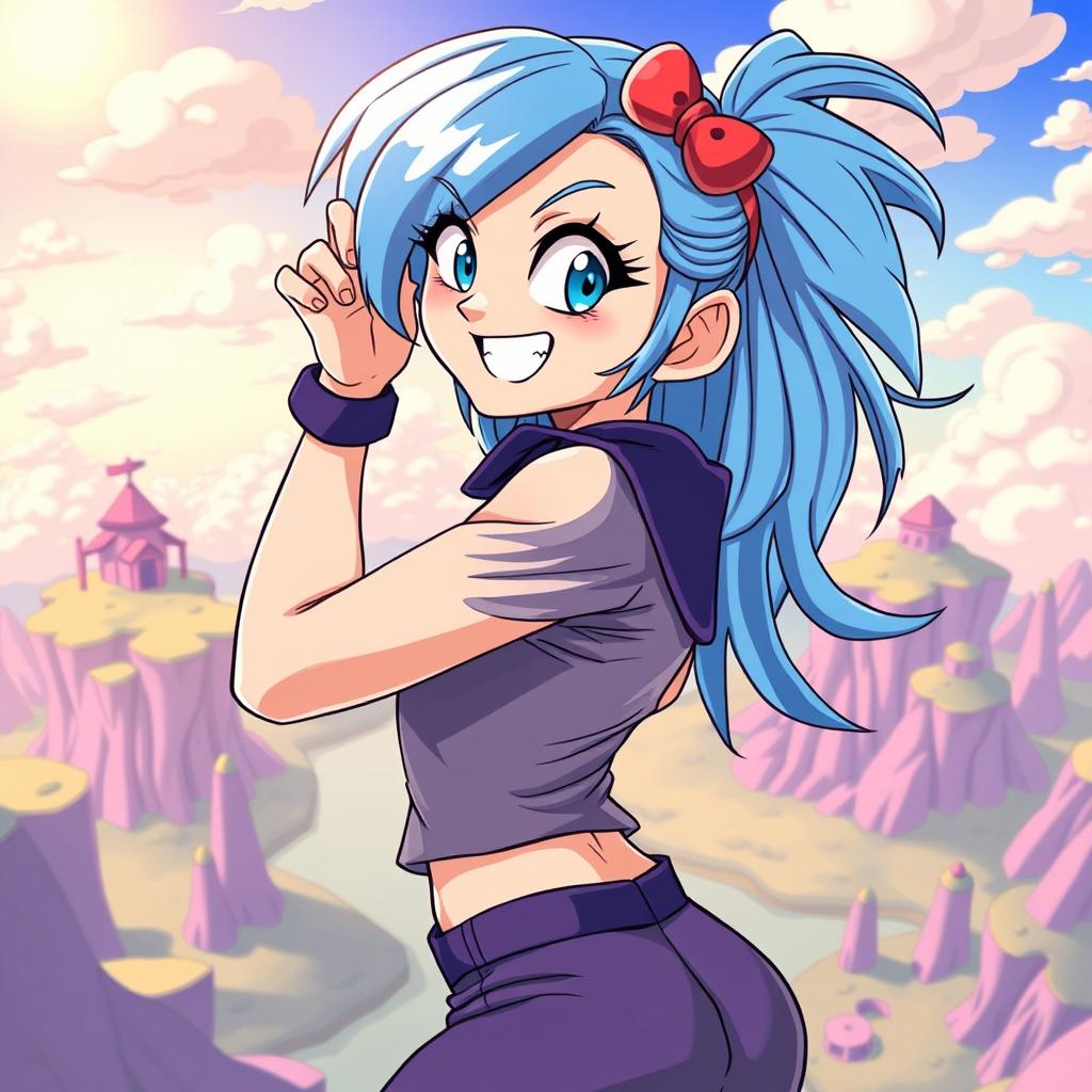 A dynamic and vibrant anime-style illustration of a character inspired by Bulma from Dragon Ball, striking a confident pose with a mischievous smile