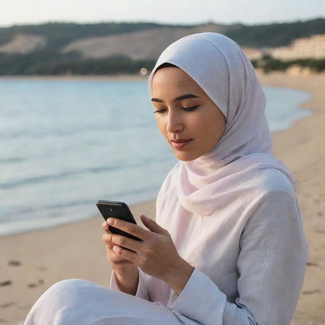 A young woman in a hijab sitting by the beach, holding a smartphone in her hand.