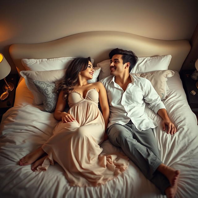 A romantic scene featuring a young couple lying together on a luxurious bed, surrounded by soft, warm lighting