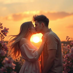 A romantic scene featuring a girl and a boy sharing a tender kiss in a beautiful sunset background