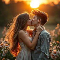 A romantic scene featuring a girl and a boy sharing a tender kiss in a beautiful sunset background