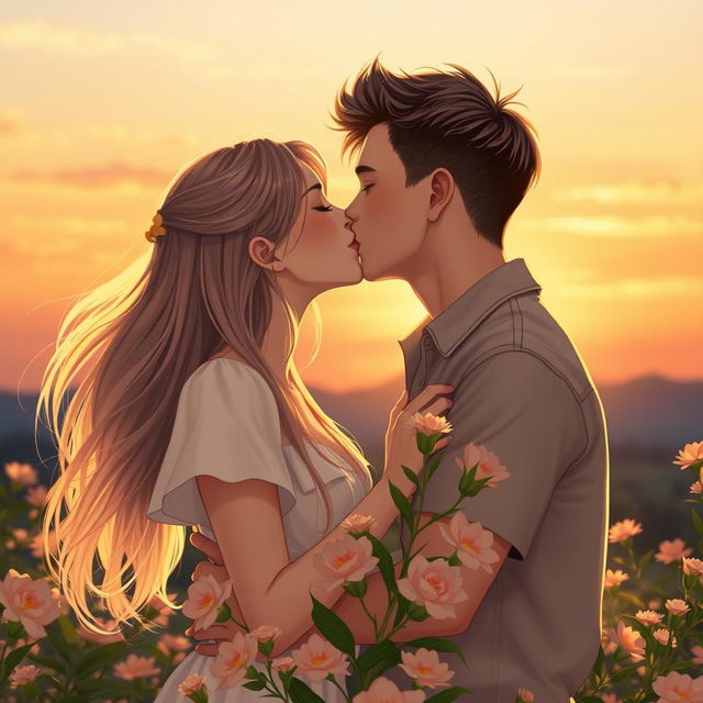 A romantic scene featuring a girl and a boy sharing a tender kiss in a beautiful sunset background