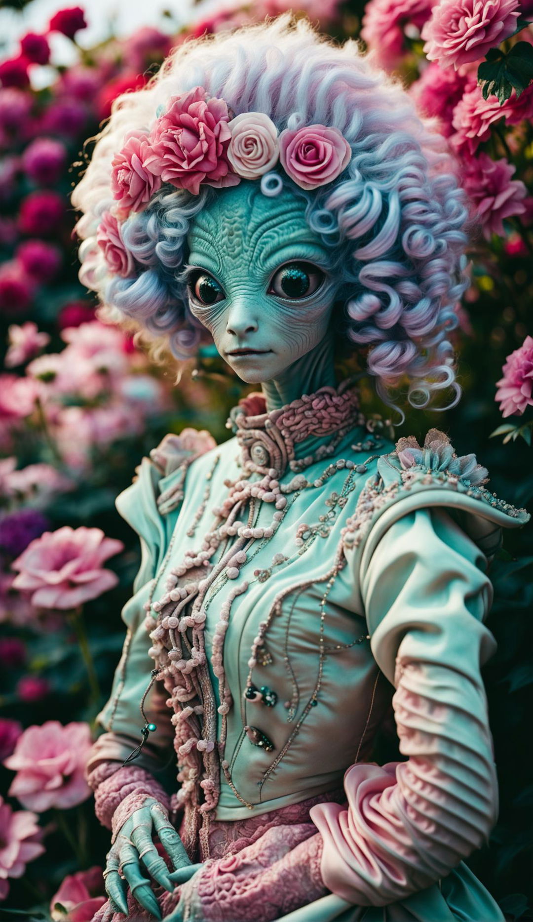 A cyan-skinned alien with large eyes, dressed in Rococo style clothing and an elaborate pink wig, stands in a blooming garden. The image is shot with a Canon EOS 5DS, 85mm f/1.2 lens.