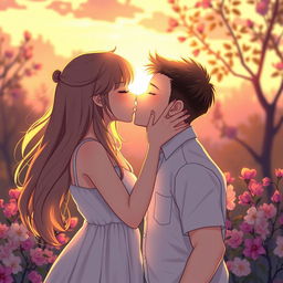 A romantic scene featuring a girl and a boy sharing a tender kiss in a beautiful sunset background
