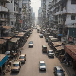 A 200mm view of the chaotic, dusty, and polluted streets of dystopian Bangkok.