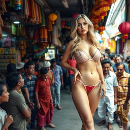 An eye-catching scene featuring a voluptuous blonde woman in a transparent bikini that accentuates her big cleavage, sexy ass, and enticing thighs