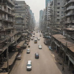 A 200mm view of the chaotic, dusty, and polluted streets of dystopian Bangkok.