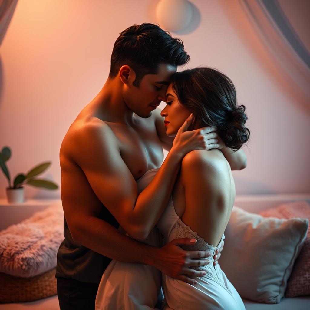 An intimate and passionate scene depicting a couple in a romantic embrace, showcasing their chemistry and connection