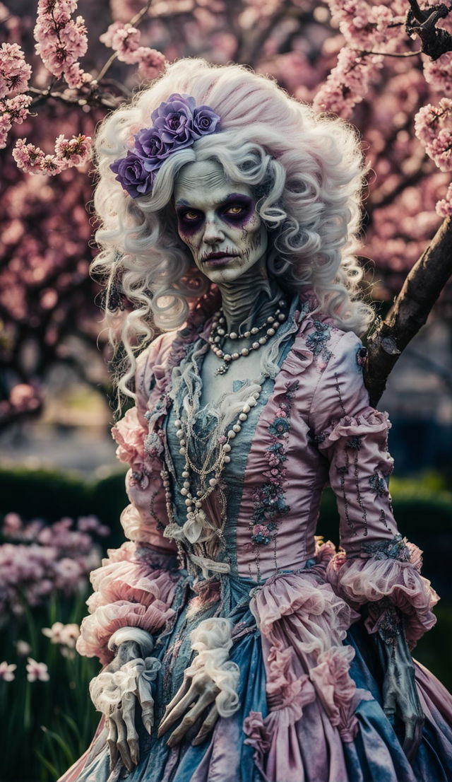 A zombie with cloudy eyes, dressed in rococo style with an elaborate pink wig, stands in a blooming garden. Captured with a Canon EOS 5DS, 85mm f/1.2 lens.