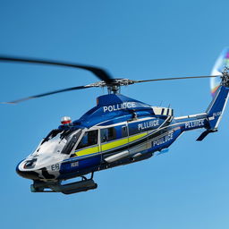 A police helicopter soaring in the sky, highlighting its advanced technology and streamlined design.