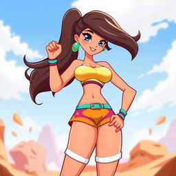 A cartoon character resembling a strong, confident female figure, showcasing an athletic physique