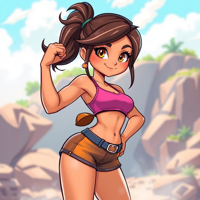 A cartoon character resembling a strong, confident female figure, showcasing an athletic physique