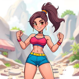 A cartoon character resembling a strong, confident female figure, showcasing an athletic physique