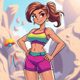 A cartoon character resembling a strong, confident female figure, showcasing an athletic physique