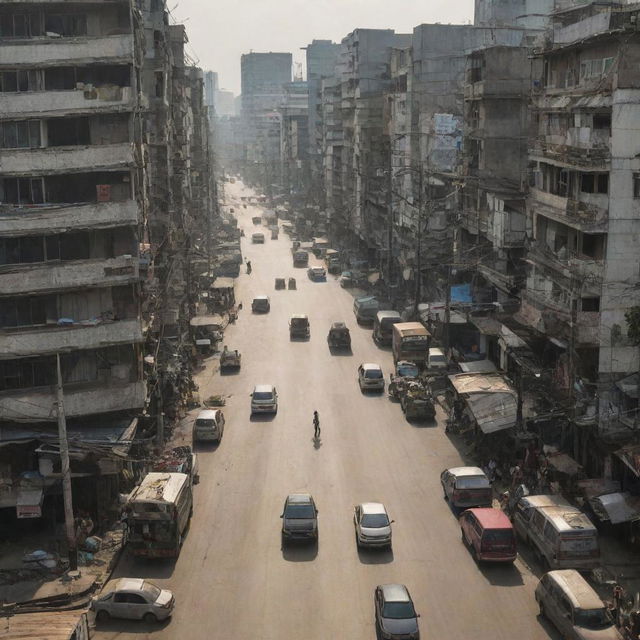 A 200mm view of the chaotic, dusty, and polluted streets of dystopian Bangkok.