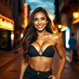 A confident young woman with an alluring smile, wearing a stylish and revealing outfit that showcases her figure tastefully