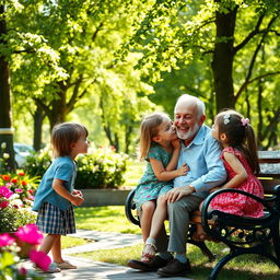A heartwarming scene in a quaint park featuring an elderly man sitting on a bench, surrounded by blooming flowers and green trees