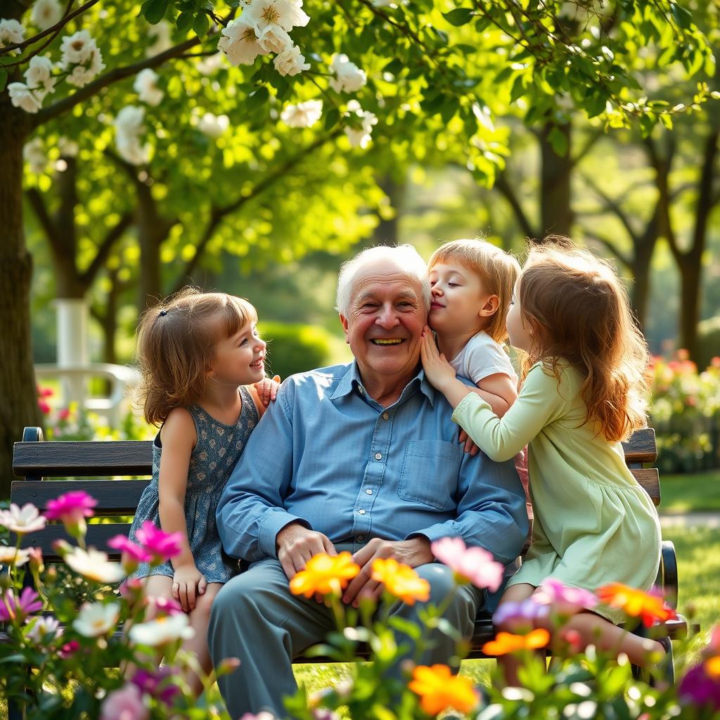 A heartwarming scene in a quaint park featuring an elderly man sitting on a bench, surrounded by blooming flowers and green trees