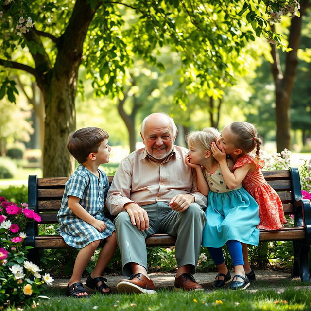 A heartwarming scene in a quaint park featuring an elderly man sitting on a bench, surrounded by blooming flowers and green trees