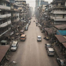 A 200mm view of the chaotic, dusty, and polluted streets of dystopian Bangkok.