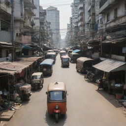 A 200mm view of the chaotic, dusty, and polluted streets of dystopian Bangkok, with a tuk-tuk as the focal point.