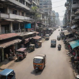 A 200mm view of the chaotic, dusty, and polluted streets of dystopian Bangkok, with a tuk-tuk as the focal point.