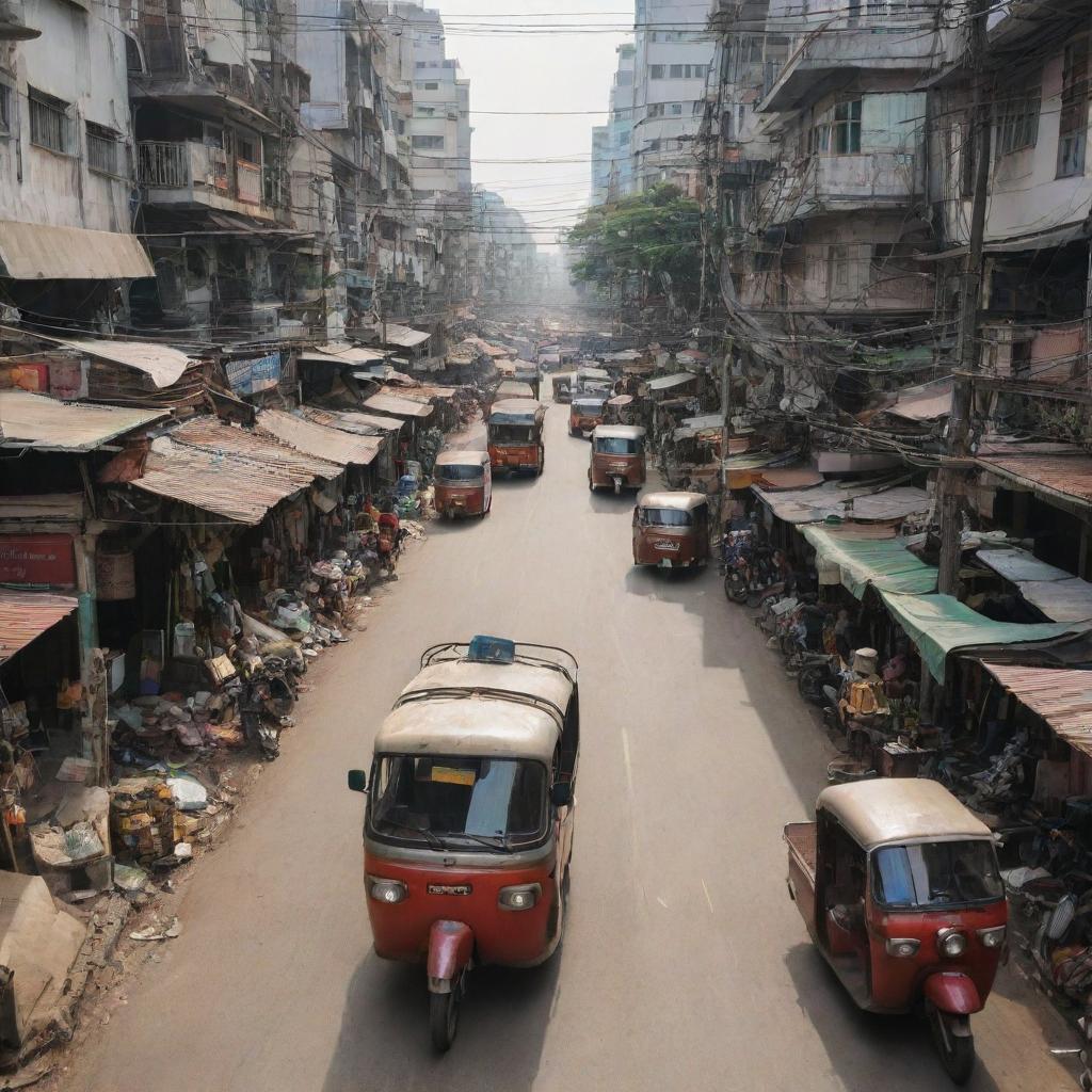 A 200mm view of the chaotic, dusty, and polluted streets of dystopian Bangkok, with a tuk-tuk as the focal point.