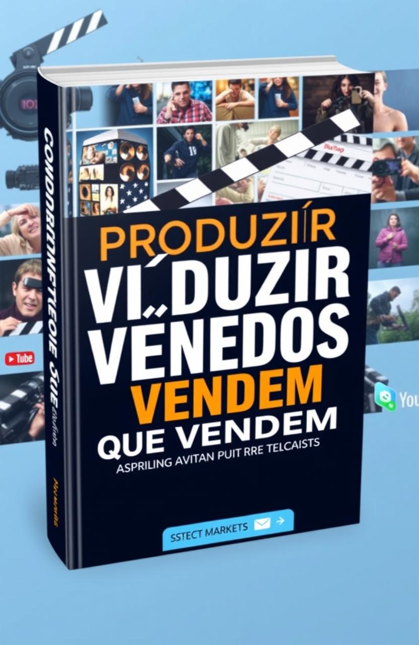 A striking ebook cover design titled 'Como Produzir Vídeos que Vendem', featuring a visually captivating and dynamic layout