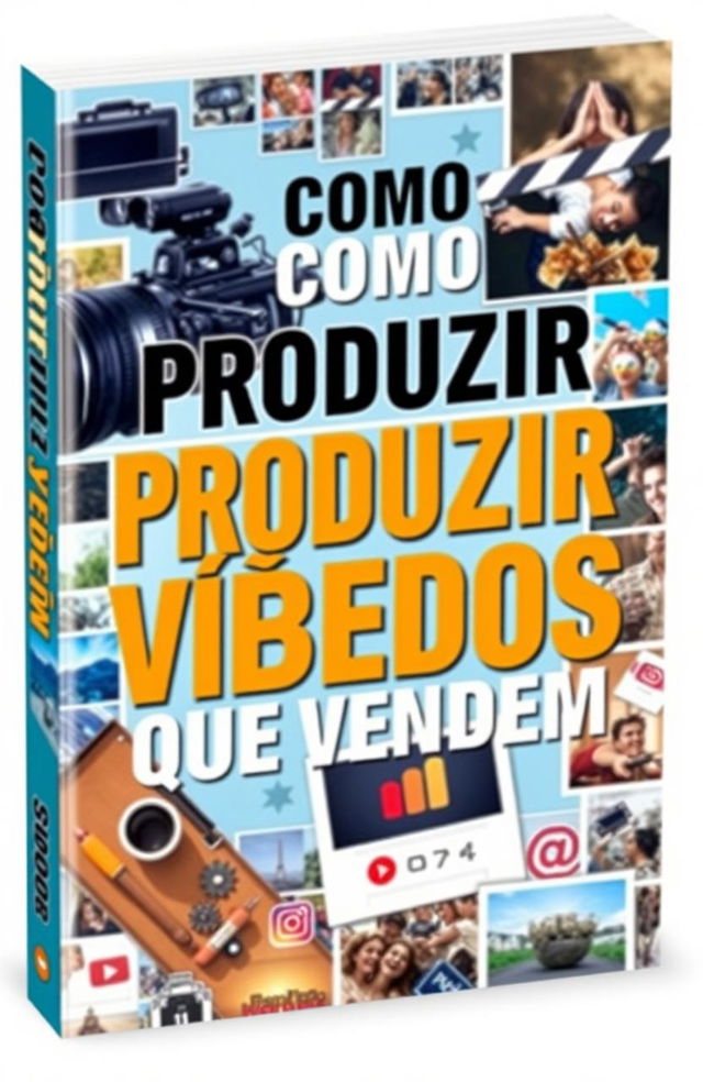 A striking ebook cover design titled 'Como Produzir Vídeos que Vendem', featuring a visually captivating and dynamic layout