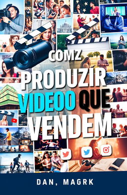 A striking ebook cover design titled 'Como Produzir Vídeos que Vendem', featuring a visually captivating and dynamic layout