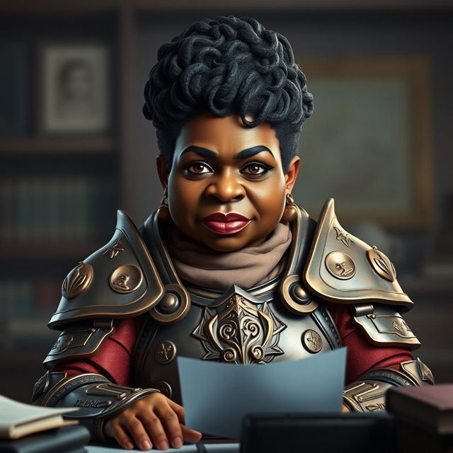 A gnome that resembles a middle-aged black woman, inspired by Amanda Waller from the Suicide Squad, wearing intricate Paladin armor