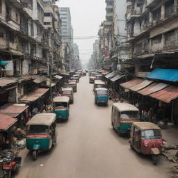 A 200mm view of the chaotic, dusty, and polluted streets of dystopian Bangkok, with a tuk-tuk as the focal point.