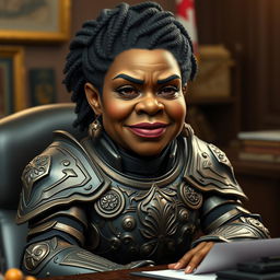 A gnome that resembles a middle-aged black woman, inspired by Amanda Waller from the Suicide Squad, wearing intricate Paladin armor