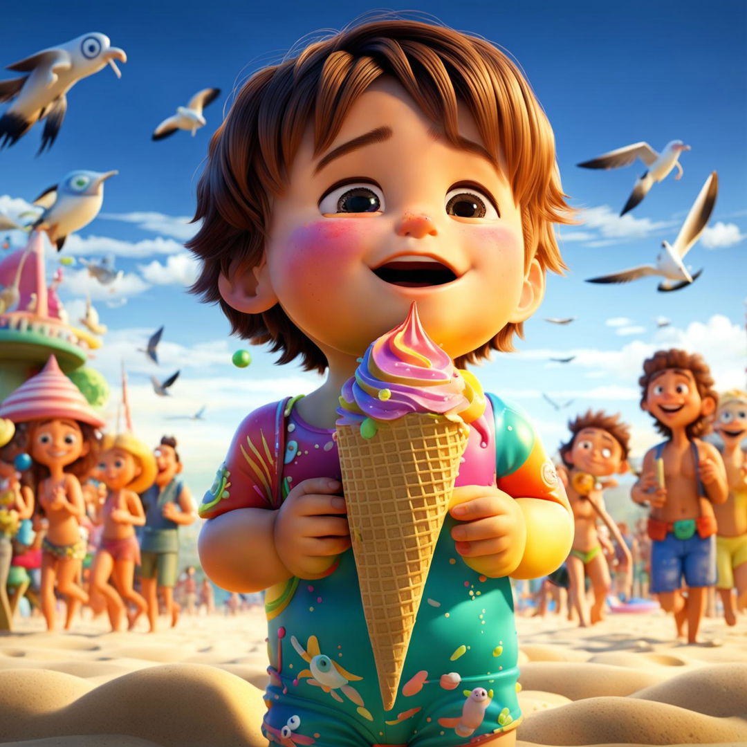 A Pixar-style animation of a plump child joyfully eating a colorful ice cream on a vibrant beach filled with lively characters.