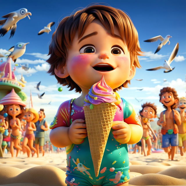 A Pixar-style animation of a plump child joyfully eating a colorful ice cream on a vibrant beach filled with lively characters.