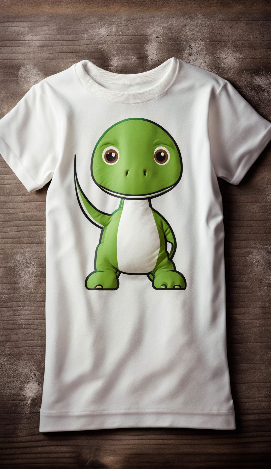 A white t-shirt featuring a minimalist, vibrant green dinosaur logo in an editorial product shot.