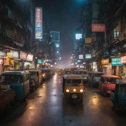 A 200mm night view of the chaotic, dusty, and polluted streets of dystopian Bangkok, with a vibrantly colored tuk-tuk as the focal point.