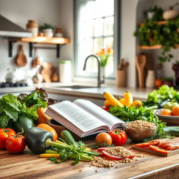 A beautifully styled kitchen scene where vibrant, nutritious food ingredients are being prepared for a healthy culinary fitness meal