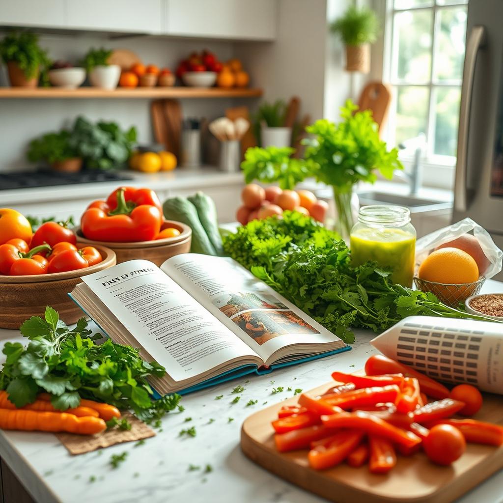 A beautifully styled kitchen scene where vibrant, nutritious food ingredients are being prepared for a healthy culinary fitness meal