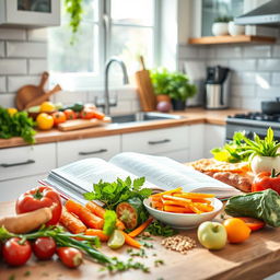 A beautifully styled kitchen scene where vibrant, nutritious food ingredients are being prepared for a healthy culinary fitness meal