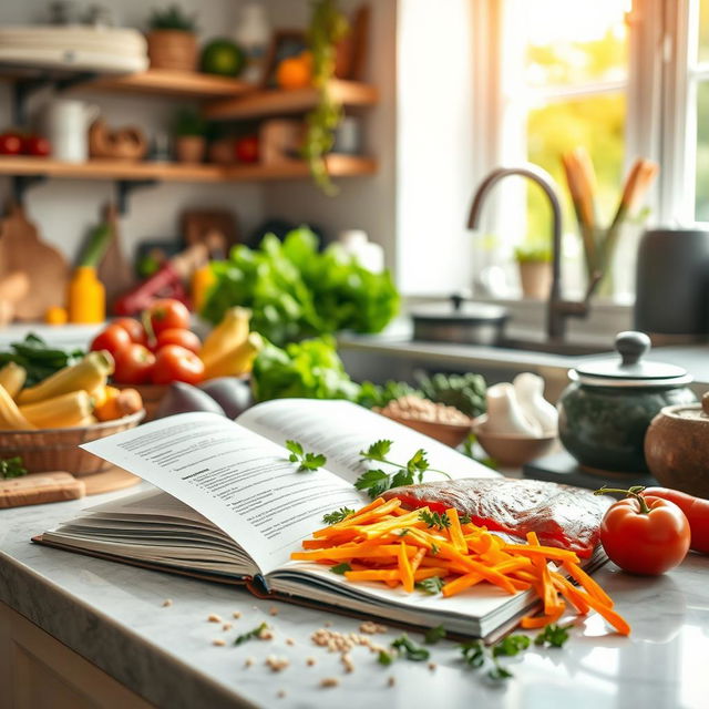 A beautifully styled kitchen scene where vibrant, nutritious food ingredients are being prepared for a healthy culinary fitness meal