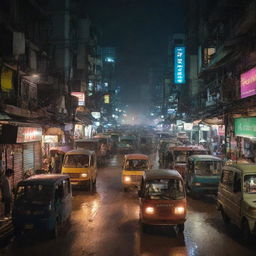 A 200mm night view of the chaotic, dusty, and polluted streets of dystopian Bangkok, with a vibrantly colored tuk-tuk as the focal point.