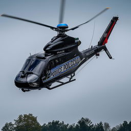 A police helicopter soaring in the sky, highlighting its advanced technology and streamlined design.