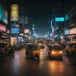 A 200mm night view of the chaotic, dusty, and polluted streets of dystopian Bangkok, with a vibrantly colored tuk-tuk as the focal point.