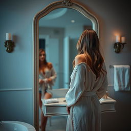 A woman standing in front of a large, elegant mirror