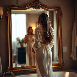 A woman standing in front of a large, elegant mirror