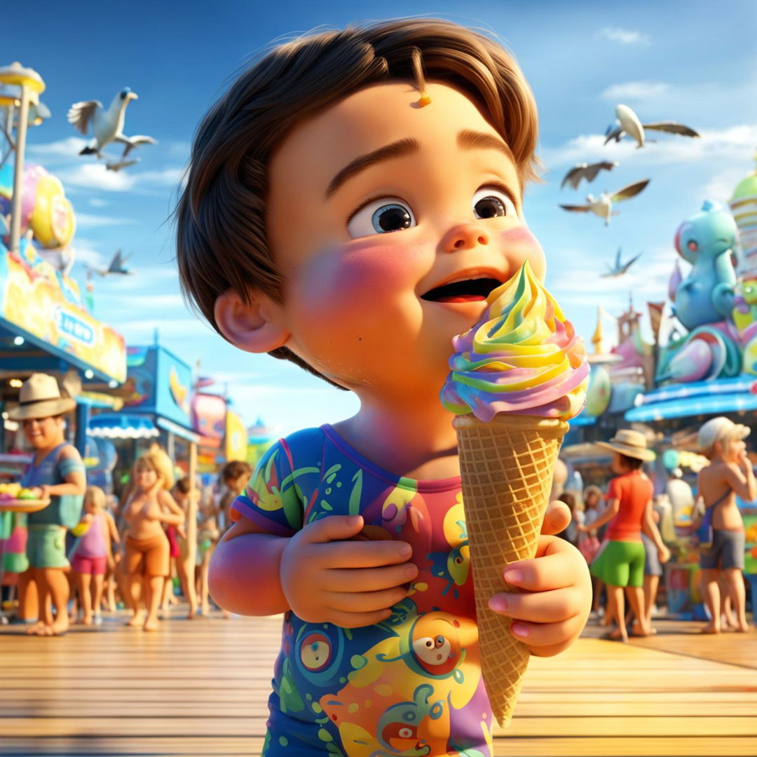 A Pixar-style animation of a plump child joyfully eating a colorful ice cream on a bustling boardwalk by the beach.