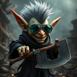 A mischievous goblin standing at three feet tall with a striking gray mohawk, sporting aviator sunglasses that reflect his wild surroundings