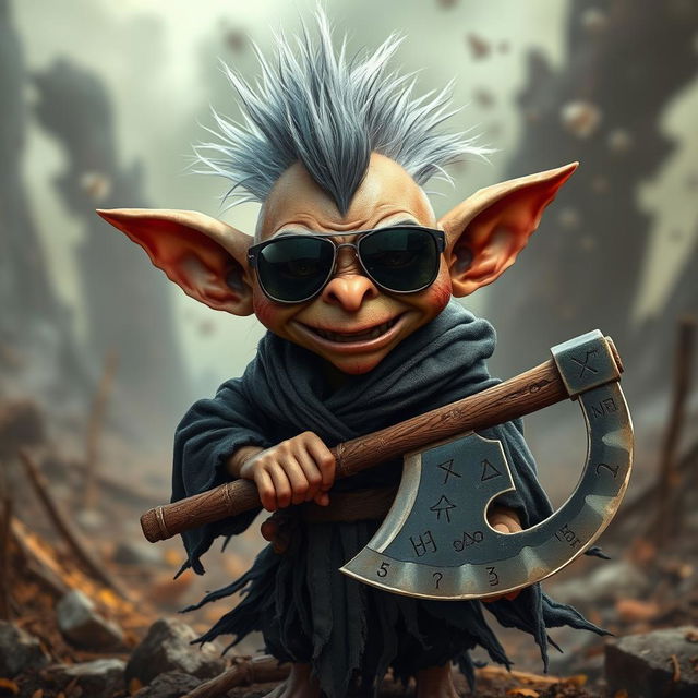 A mischievous goblin standing at three feet tall with a striking gray mohawk, sporting aviator sunglasses that reflect his wild surroundings